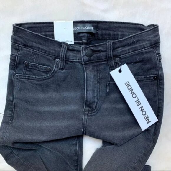 Free People NEON BLONDE Skinny Jeans Distressed Black Denim High rise waist 25 - Picture 5 of 14